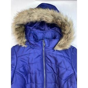 Susan Graver Bluish Purple Puffer Jacket with Faux Fur Hood. XL. Like new!